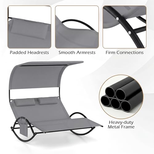 HAPPYGRILL Outdoor Chaise Lounge Rocker, 2-Person Rocking Daybed Sun Lounger with Sun Shade Canopy & Headrest Pillows, Hammock Bed Loveseat with Heavy-Duty Metal Frame for Patio, Backyard, Poolside