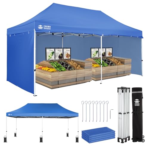 CROWN SHADES 10x20 Pop Up Canopy Tent, Thicken Frame Commercial Heavy Duty Tent, 4 Sidewalls 8 Stakes & 4 Sandbags & 4 Ropes, Outdoor Canopies for Events, Parties, Blue - color: Blue, size: 10x20 Heavy Duty