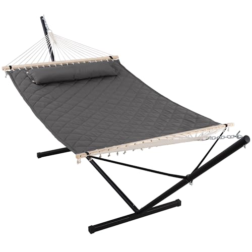 ANOW Double Hammock with 12FT Heavy Duty Steel Stand Included, 2 Person Hammock with Stand for Outdoors, 450 LBS Weight Capacity, Gray - color: Grey, size: 2 Person With Stand