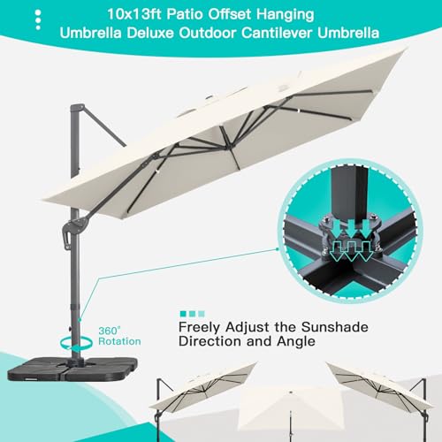 Sunnyglade 10x13Ft Cantilever Patio Umbrella Rectangular Deluxe Offset 360°Rotation & Integrated Tilting System Hanging Umbrella for Market Garden Deck Pool Backyard Patio (Beige, 10 x 13 ft) - color: Beige, size: 10 x 13 ft