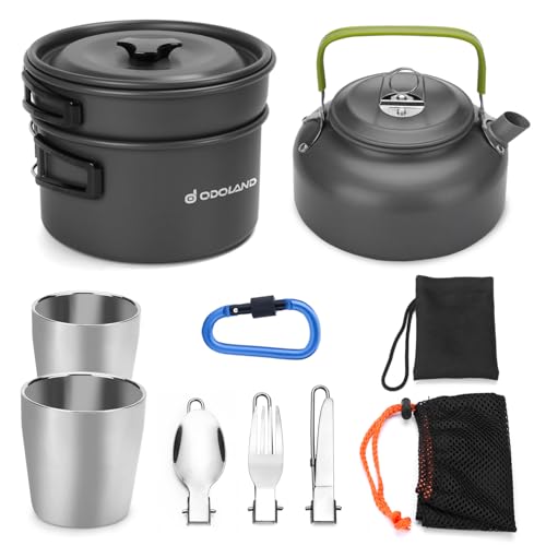 Odoland Camping Cookware Mess Kit, Lightweight Pot Pan Kettle with 2 Cups, Fork Spoon Kit Stainless Steel, gray for Backpacking, Outdoor Camping Hiking and Picnic