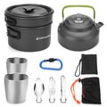 Odoland Camping Cookware Mess Kit, Lightweight Pot Pan Kettle with 2 Cups, Fork Spoon Kit Stainless Steel, gray for Backpacking, Outdoor Camping Hiking and Picnic
