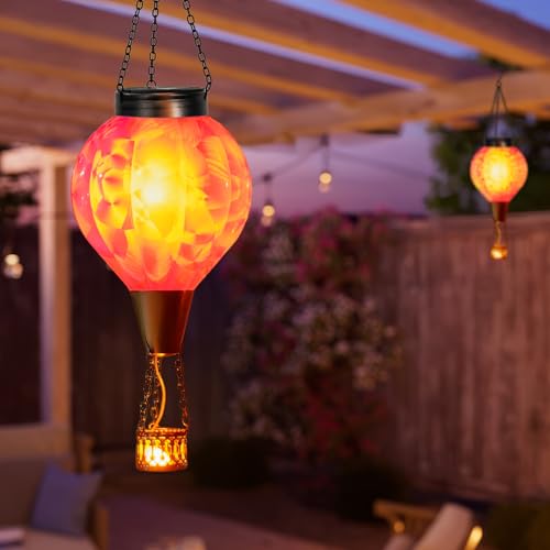 2PC Hot Air Balloon Solar Lantern with Flame, Pink Glass Balloon Lantern Lights Outdoor Waterproof, Hanging Solar Lights for Outside Garden Yard Patio Tree Porch Gift for Women Lovers Mom - color: 2PCS-Pink