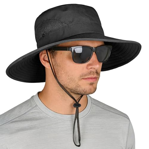 ZOORON Sun Hats for Men Women, Wide Brim Safari Hats UV Protection UPF50+ Waterproof Boonie Hats for Fishing Hiking Camping - color: 2pack-black+light Gray