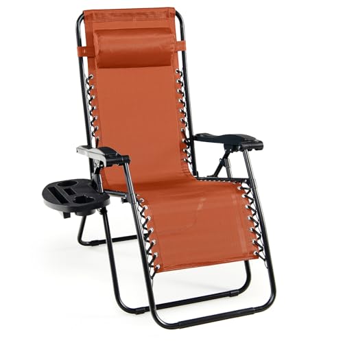 Goplus Zero Gravity Lounge Chairs, 160°Adjustable Folding Recliner w/Pillow and Cup Holder, 350LBS Comfy Outdoor Lounge Chairs for Patio, Lawn, Yard & Camp(1, Orange) - color: Orange, size: 35.4" x 25.2" x 43.3" (Set of 1)