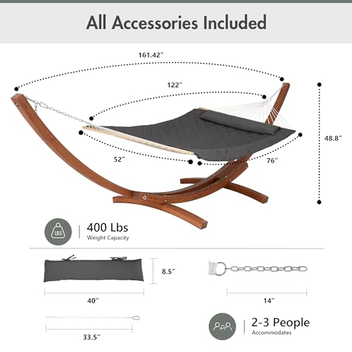 ANOW 13.5FT Curved Wood Stand with Portable Rope Hammock, Heavy Duty Larch Wood Arc Stand with 2 Chains, 4 Balance Ropes and 4 Carabiners, Includes Gray Hammock with Spreader Bars - color: Grey