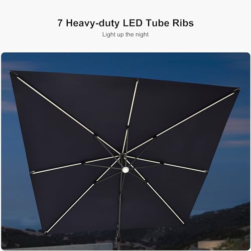 PURPLE LEAF 10 Feet Patio Umbrella Solar Powered LED Square Outdoor Cantilever Umbrella with LED Lights Aluminum Offset Umbrella with 360-degree Rotation for Garden Deck Pool Patio Navy Blue - color: Navy Blue, size: 10' X 10', style: Standard（LED）