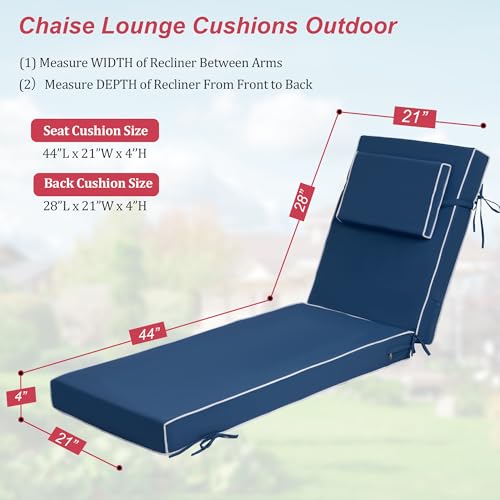 Chaise Lounge Cushions Outdoor 72x21x4 Inch, Patio Lounger Chair Cushion with Removable Cover, Fade Resistant Replacement Pad for Outdoor Furniture (Blue+White Side, 72x21x4 inch) - color: Blue+white Side