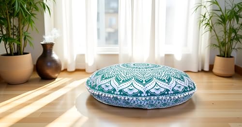 CRAFT KALA 32 Inch Meditation Floor Pillow Cover Round Pillow Seating Hippie Decorative Adults Bohemian Mandala Cushion Cover Outdoor Living Room Throw Ottoman Poufs Cover (Green Ombre) - color: Green Ombre