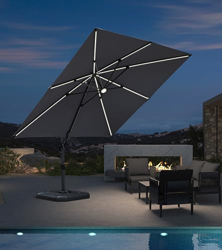 PURPLE LEAF 10 Feet Patio Umbrella Outdoor Cantilever Solar Powered LED Square Umbrella Aluminum Offset Umbrella with 360-degree Rotation for Garden Deck Pool Patio Light Grey - color: Light Grey, size: 10' X 10', style: Standard（LED）