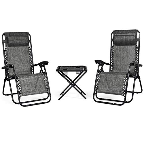 Giantex 3 PCS Zero Gravity Chair Patio Chaise Lounge Chairs Outdoor Yard Pool Recliner Folding Lounge Table Chair Set (Gray) - color: Grey