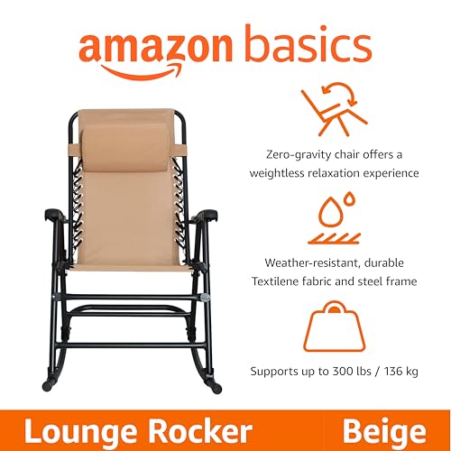 Amazon Basics Outdoor Portable Folding Rocking Chair with Headrest, Ergonomic Design, Weather-resistant Patio Reclining Lounge Chair for Porch, 33.6 x 37.4 x 26 inch, Beige - color: Beige