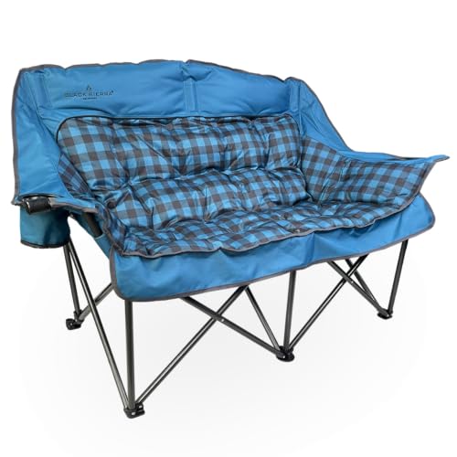 Black Sierra Double Loveseat Comfort Camping Couch, Oversized Folding Chair for Adults, 600‑lb Capacity, Plush Padded Heavy Duty Outdoor Seat with Cup Holders & Carry Bag for Beach, RV | Double loveseat, 600 lb capacity, Padded comfort, Outdoor ready, Cup