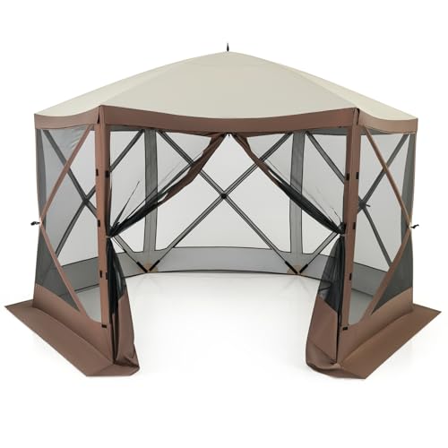 Tangkula 11.5x11.5 Ft Pop Up Gazebo with Netting, Portable Screen Tent with 6 Sided Mesh Walls, 2 Sunshade Cloths, Outdoor Instant Canopy Shelter with Carry Bag for Camping, Lawn, Backyard - color: Brown, size: 11.5x11.5 Ft