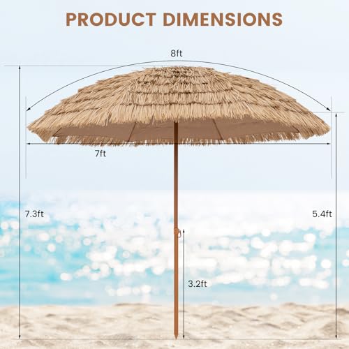Tangkula 8Ft Tiki Patio Umbrella, UPF50+ Hawaiian Style Outdoor PE Grass Umbrella with 8 Ribs, Portable Thatched Beach Umbrella for Garden, Yard, Poolside - color: Natural, size: 8Ft