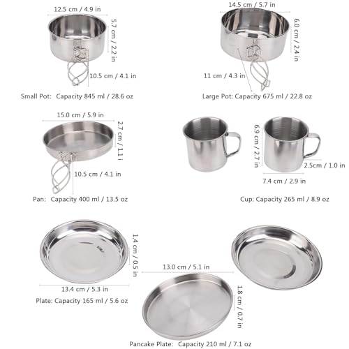 8PCS Stainless Steel Camping Cooking Set Cookware Mess Kit Cook Pots and Pan Set with Plates Cups, Lightweight Camping Cookware for Hiking Backpacking Outdoor Cooking and Picnic