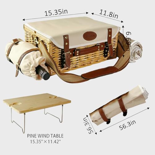 Multifunctional Wicker Picnic Basket Set for 2 Adults with Picnic Table and Blankets,Large Insulated Picnic Set with Wine Pouch and Full Tablewares for Camping Outdoor Couples Natural Beach Wedding - color: Nature2
