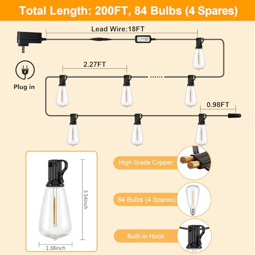 LumBelle Smart Outdoor String Lights, 200FT ST38 LED Patio Lights with Timer Remote APP Control, 84 Shatterproof LED Bulbs (4 Spare), Dimmable Waterproof Hanging Light for Backyard Porch Party Decor - size: 200FT