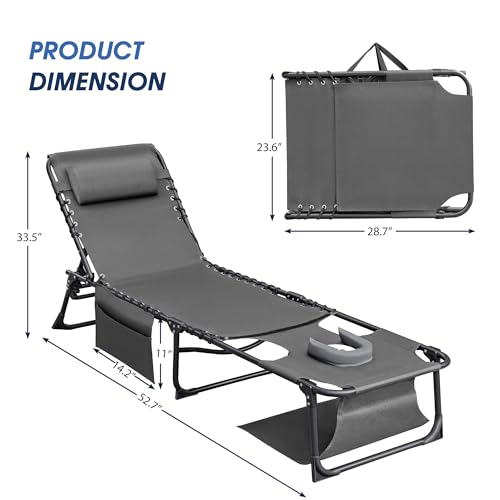 Flamaker Face Down Chaise Lounge Chair 5-Position Adjustable Sunbathing, Foldable Tanning Chair with Face& Arm Holes, Outdoor Recliner Chair for Pool, Beach, Patio, Lawn (Grey, 1 Pcs) - color: Grey, style: Sauna, 1 Pcs