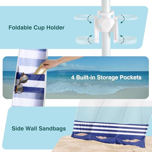 Rhino Valley Beach Cabana, 8 * 8FT Beach Tent UPF50+ Protection, Easy Setup Beach Canopy Wind Resistant with Cup Holder, Compact Beach Shade Foldable Beach Tent Sun Shelter, Blue Stripes - color: Blue Stripes