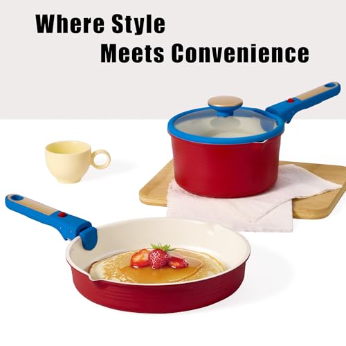 CAROTE 17Pcs Titanium Cookware Set, Pots and Pans Set Non Stick, Kitchen Cooking Set with Detachable Handle, Non Toxic Induction Cookware, Dishwasher/Oven Safe，Memphis Design - color: Memphis Design