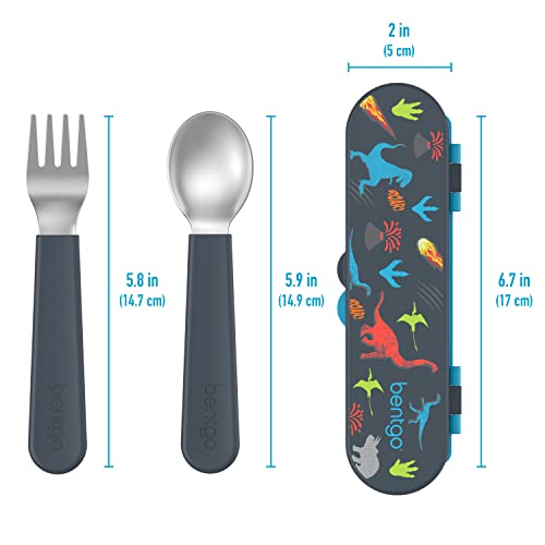 Bentgo Kids Stainless Steel Utensil Set - Reusable Fork, Spoon & Storage Case, PFAS- & BPA-Free, Easy-Grip Handles, Lightweight, Dishwasher Safe, School Lunch, Travel & Outdoors (Dinosaur) - color: Dino