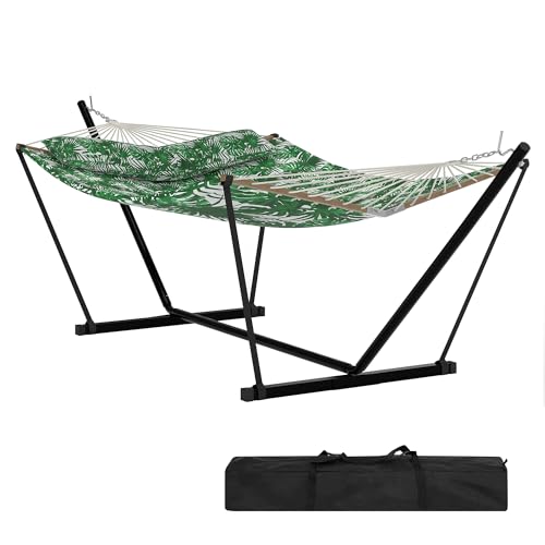 2 Person Double Hammock with Adjustable Steel Stand & Pillow, Heavy Duty Portable Outdoor Hammock Set, MAX 450 LBS Weight Capacity for Patio, Garden, Beach, Backyard - color: V-banana Leaf Green