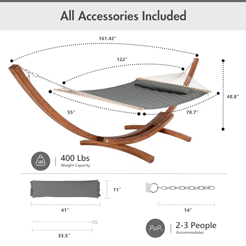 ANOW 13.5FT Curved Wood Stand with Portable Hammock, Heavy Duty Larch Wood Arc Stand with 2 Chains, 4 Balance Ropes and 4 Carabiners, Includes Gray Hammock with Spreader Bars - color: Gray-quilted