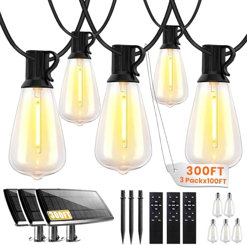 Bdrofn 300FT Solar String Lights Outdoor Waterproof, Solar Patio Lights with Remote Control & 90+5 Dimmable ST38 Edison Bulbs Shatterproof,Solar Powered String Lights for Outside Garden Backyard - size: 300FT