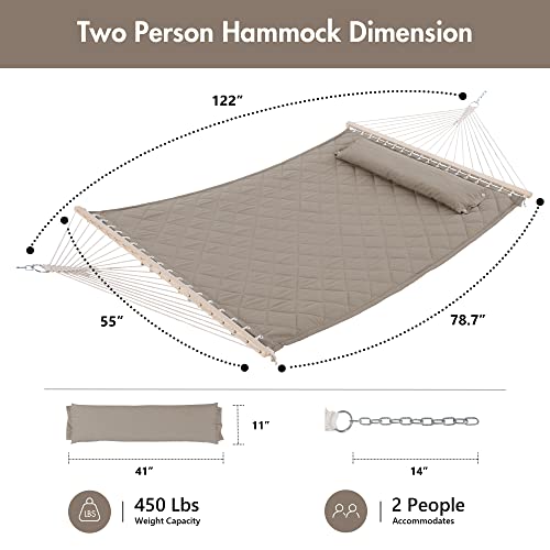 ANOW Double Hammock with Spreader Bars and Detachable Pillow, 2 Person Hammock for Outside, 450 LBS Weight Capacity, Light Brown - color: Light Brown, size: 2 Person Without Stand