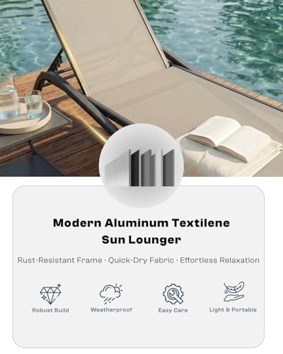 3-Piece Patio Chaise Lounge Set with Side Table, Set of 2 Adjustable Pool Chairs and Aluminum Bistro Table, All-Weather Outdoor Furniture for Pool Deck, Patio & Tanning, Beige - color: Beige, size: 3-Piece Set: 2 Chairs + 1 Table