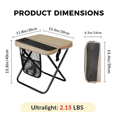 16" Portable Collapsible Stool - Folding Chair with Storage Pouch, Convertible Satchel for Hands-Free Carry & Supports 300Lbs, Ultralight for Hiking, Fishing, Camping, Festivals (Khaki, Large) - color: Khaki, size: Large