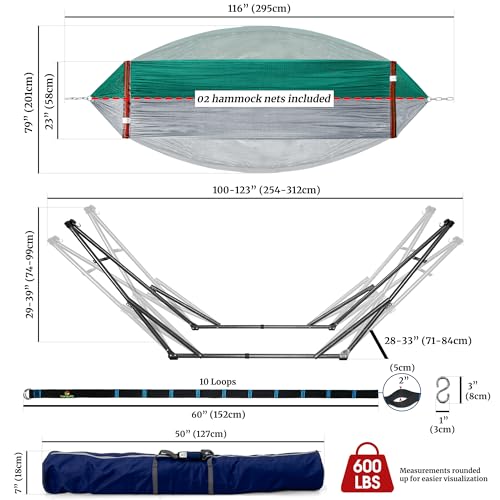 Tranquillo Combo x2 Hammocks with Stand for Outside & Tree Straps, Heavy Duty Hammock with Stand 600lbs for Indoor Outdoor Patio Backyard, x2 Hammocks for 2 Person (Combo - Peacock, Medium) - color: Combo - Peacock