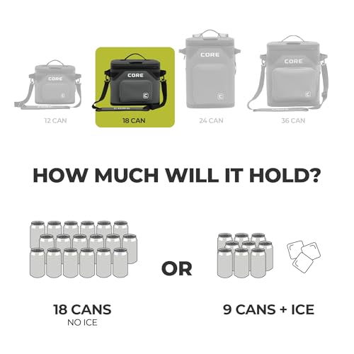 CORE Magnetic Leak Proof Soft Cooler with Waterproof Zipper | Insulated Bag Portable Ice Chest Box | Best Soft Cooler for Food & Beverages for Tailgating, Car Camping, Travel, and Family Beach Picnics - color: Charcoal, size: 18 Can