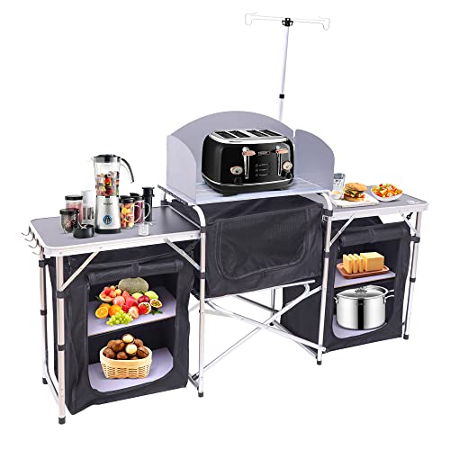 Nice C Camping Kitchen Table, Folding Grill Table, Upgrade Light Stand and Windshield Cooking Station & 3 Organizers, Carry Bag for Outdoor, Beach, BBQ, Picnic, Cooking, Indoor, Office(Silver)