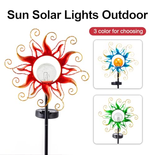 Solar Lights Outdoor Waterproof Red Sun Metal Crackle Glass Stake Decorative for Outside,Yard,Lawn,Patio,Walkway Mothers'Day Gifts Mom Grandma Garden Lover - color: Red