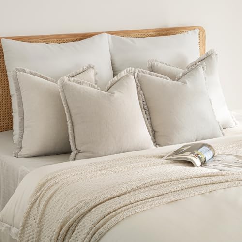MIULEE Decorative Couch Pillow Covers Neutral Beige Linen Fringe Throw Pillows Set of 4 Boho Farmhouse Cushion Covers Soft Accent Pillowcases for Bed Couch Sofa Living Room Spring Decor 18x18 Inch - color: Neutral Beige, size: 18" x 18" (Pack of 4)