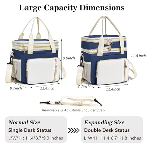 Lunch Box & Lunch Bag for Women Men, Large Insulated Adult Lunch Box Leakproof Lunchbox Cooler Bag for Work Picnic Beach,16L, Dark Blue & White - color: Navy Blue