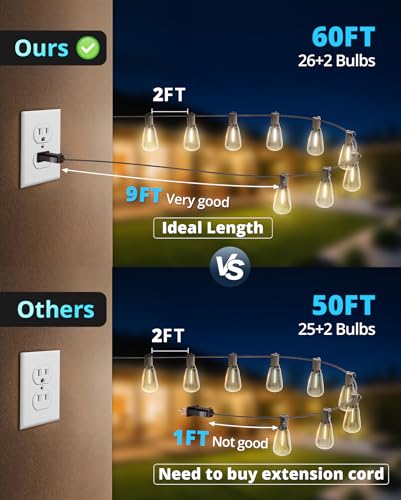 VIPAR Outdoor String Lights 60FT LED Patio Lights LED Waterproof with 26+2 Shatterproof ST38 Edison Bulbs, 2700K Connectable Outside Hanging Light for Porch, Garden, Backyard, Deck, Balcony, Decor - size: 60FT