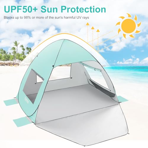 TOBTOS UPF 50+ Pop Up Beach Tent, Easy Set Up Beach Umbrella, Sun Shelter for 2-3 People UV Protection Portable Sunshade, Baby Canopy Cabana, Lightweight with Carry Bag - style: Mint Green for 2-3 Person
