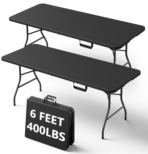 6FT Folding Table, Heavy Duty Plastic Fold-in-Half Utility Table with Handle, Portable Camping Picnic Table with Steel Legs for Indoor Outdoor Party, Dining, Black,2 Pack - color: Black, size: 6FT-2pack