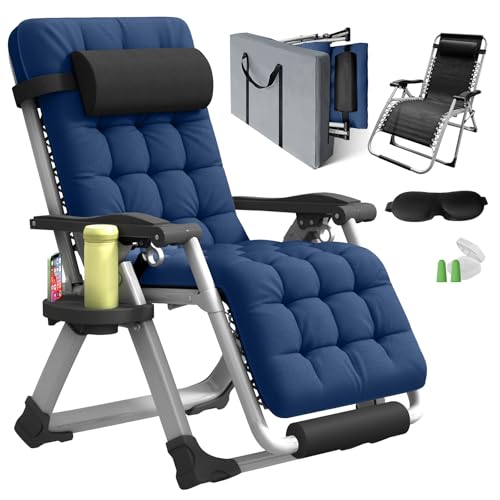 Oversized Zero Gravity Chair XL, 29In Padded Lounge Recliner Camping Chair with Removable Cushion, Adjustable Headrest, Storage Bag, Footrest, Cup Holder & Full Aluminum Lock, Supports 450 lbs, Blue - color: 29in - Blue-1