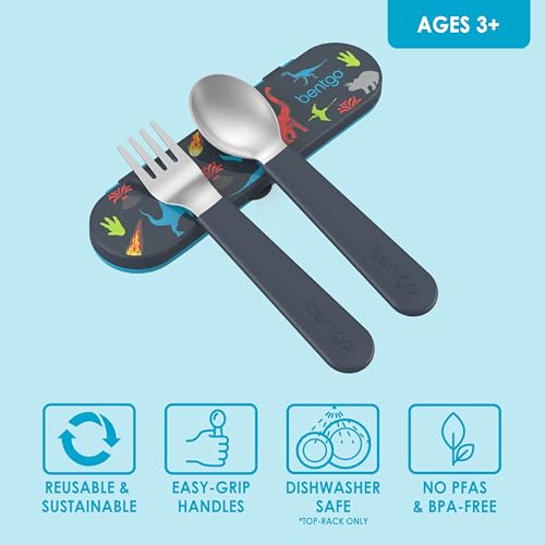 Bentgo Kids Stainless Steel Utensil Set - Reusable Fork, Spoon & Storage Case, PFAS- & BPA-Free, Easy-Grip Handles, Lightweight, Dishwasher Safe, School Lunch, Travel & Outdoors (Dinosaur) - color: Dino