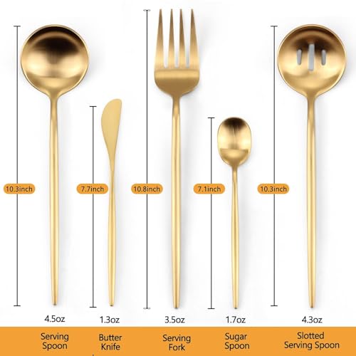 Gold Stainless Steel Serving Utensils Set, 5 Pcs - 10.8 Inch Serving Fork, 10.3 Inch Slotted Spoon, Sugar Spoon, Butter Knife for Buffet - color: Gold