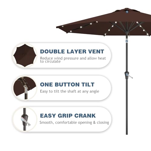 9FT Patio Umbrella with Solar Lights,Outdoor Market Umbrella with Tilt and Crank, LED Lighted Table Umbrella for Garden,Deck,Backyard,Pool,Beach - color: Brown