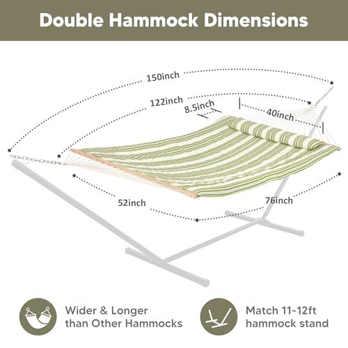 SUNCREAT Portable 2 Person Hammock with Hardwood Spreader Bar, Cotton Rope Outdoor Hammock with Polyester Pad, Green&Beige - color: Green&beige