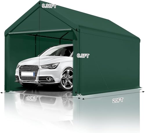 Carport, 10x20ft Heavy Duty Car Port, Portable Garage with Steel Frame, Carports Canopy Storage Shed Party Tent with Waterproof Tarp for Car Boat Truck (Green) - color: Green