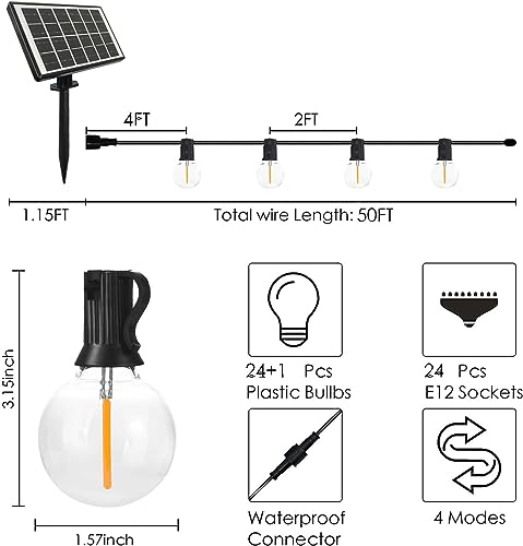SUNTHIN 50ft Solar String Lights, USB Rechargeable Solar Outdoor Lights with 24 Waterproof & Shatterproof G40 LED Bulbs for Patio, Porch, Garden, Deck, Bistro, Cafe, Camping - size: 50 Feet