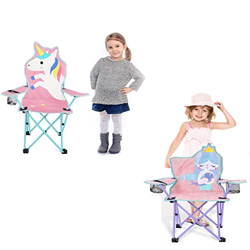 KABOER Kids Outdoor Folding Lawn and Camping Chair with Cup Holder and Carrying Bag, Children's Camping Chairs - color: Unicorn and Mermaid