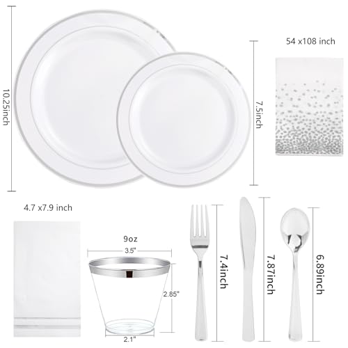 GATHER 176 Pieces Silver Plates - Disposable Silver Plastic Plates Includes 50 Plates, 75 Silverware, 25 Napkins, 25 Silver Rimmed Cups and 1 Tablecloth Perfect for Party & Weding - color: Silver, size: 25 Guests